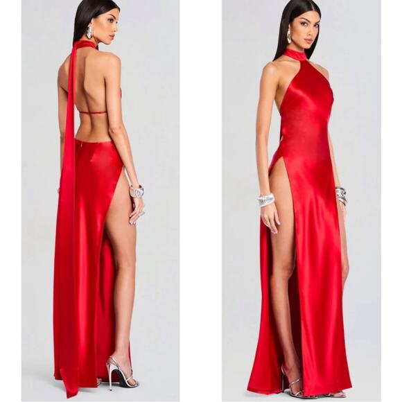 Retrofete Jagger High Slit Halterneck Tie Red Maxi Dress Size Small - Picture 3 of 14